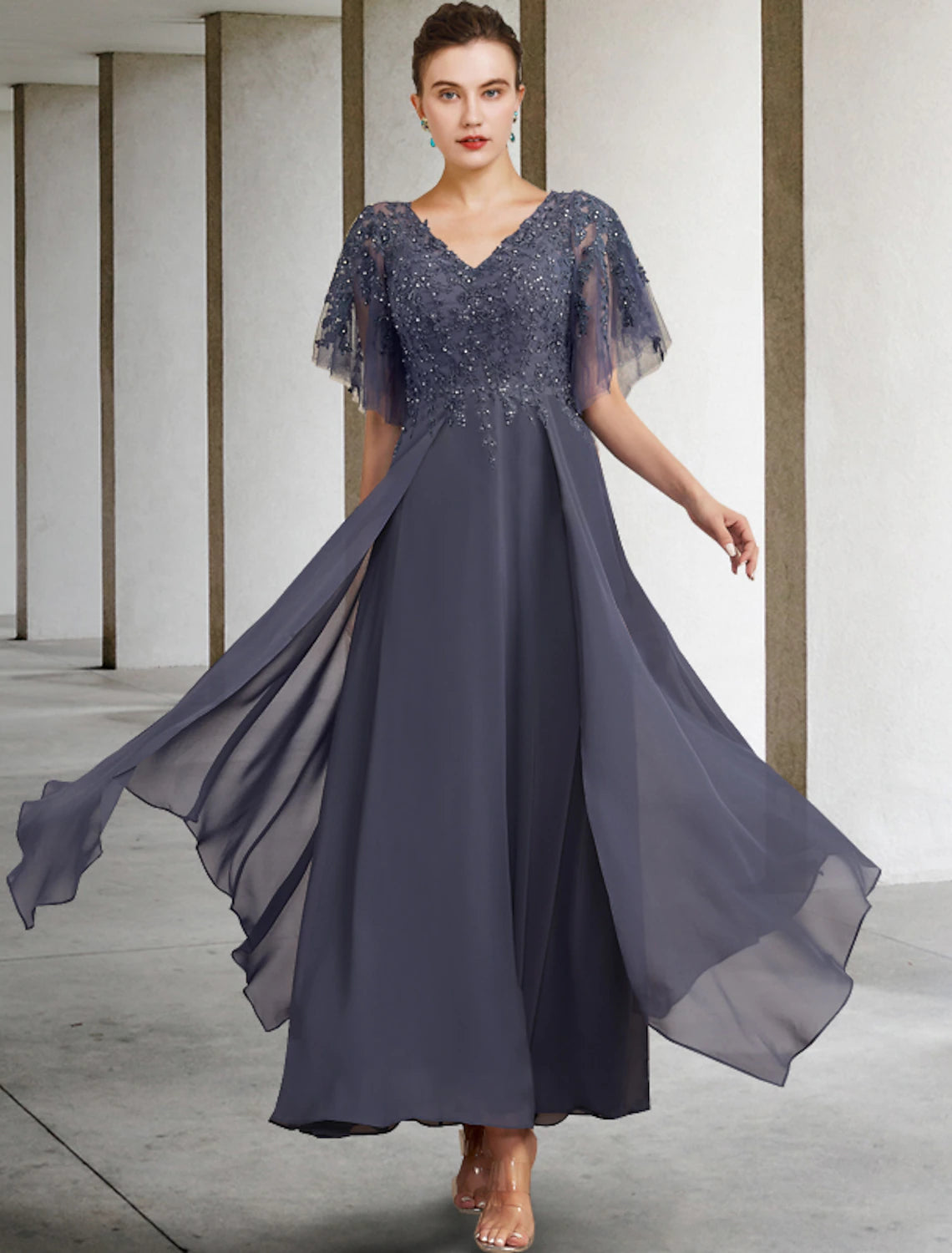 Wholesale  A-Line Plus Size Curve Mother of the Bride Dress Elegant Jewel Neck Ankle Length Chiffon Lace Short Sleeve with Beading Sequin Appliques